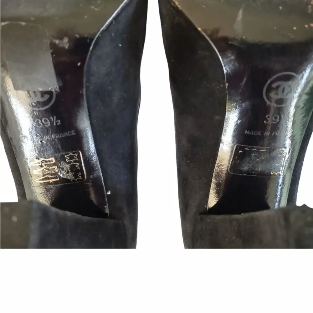 CHANEL Black Suede High Heel Pumps US size 9 Squared Heel EU Size 39.5 Luxury